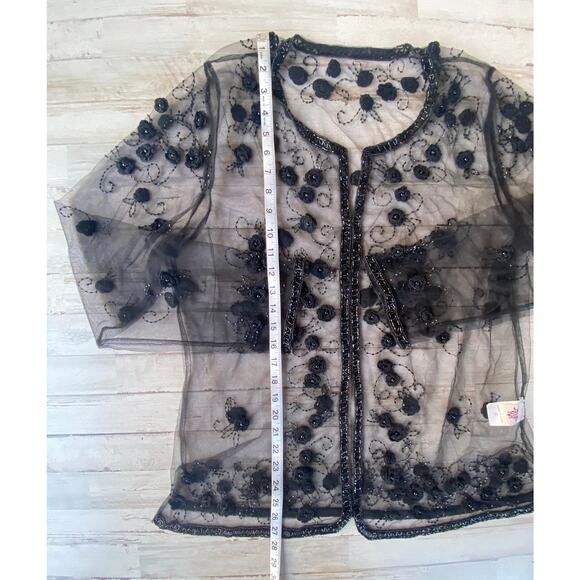 Black Net Embroidered Beaded Floral Blouse Shirt Top Jacket SZ L C100845 - Picture 8 of 10